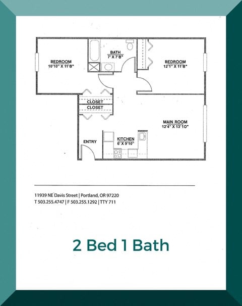 Floor plan for 2 beds, 1 bath, 1040 sqft